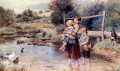 Niños remando en un arroyo victoriano Myles Birket Foster